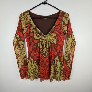 WESTON WEAR Top Women's S V-Neck Blouse Long Sleeve Y2K Sheer Baby Doll Fall VTG